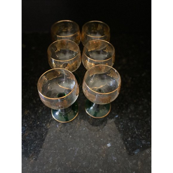 Wine Glasses, 4 3/8" Etched Gold Grapes with Green Beehive Stem, French, Qty. 6 - Picture 6 of 8
